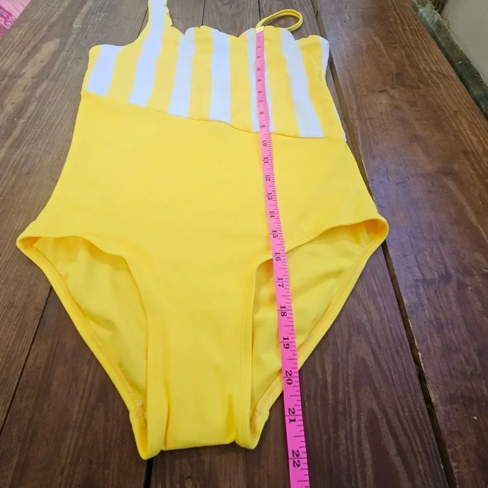 Justice Swimsuit Girls Sz 20 Yellow & White Striped One-Shoulder Scallop NWOT